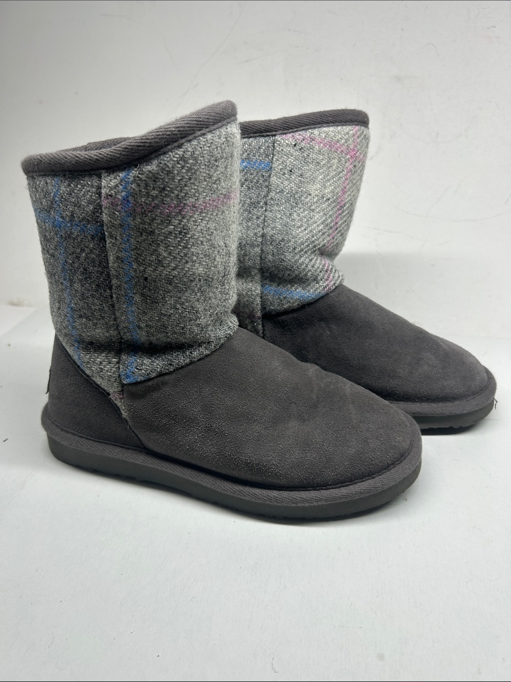 Lamo Gray Suede Winter Boots with Plaid Cuff